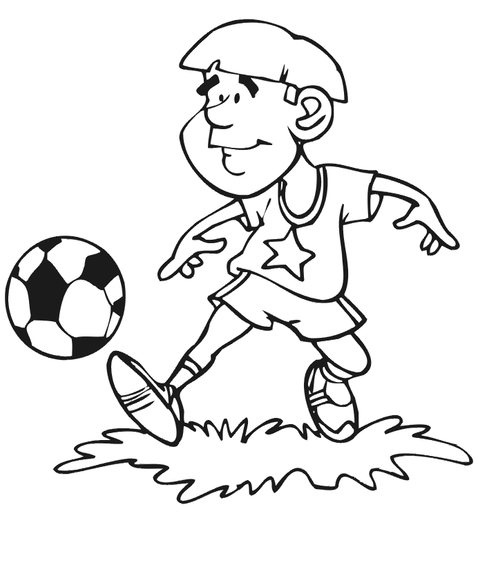Soccer coloring page: young boy kicking ball