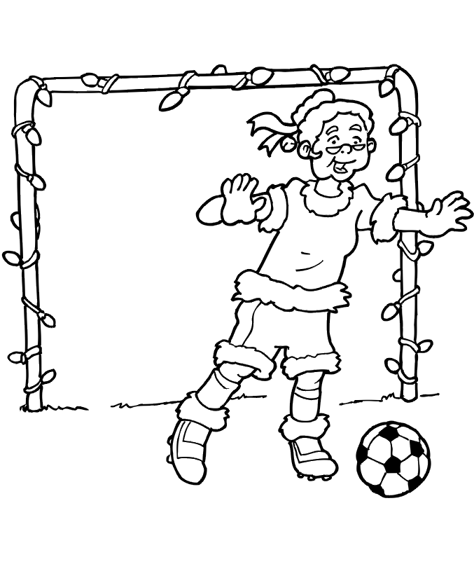 Soccer coloring page: Mrs. Claus playing soccer