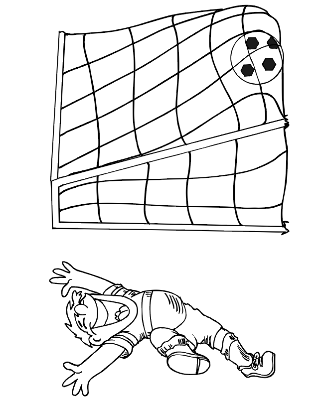 Soccer coloring page: Boy scoring goal