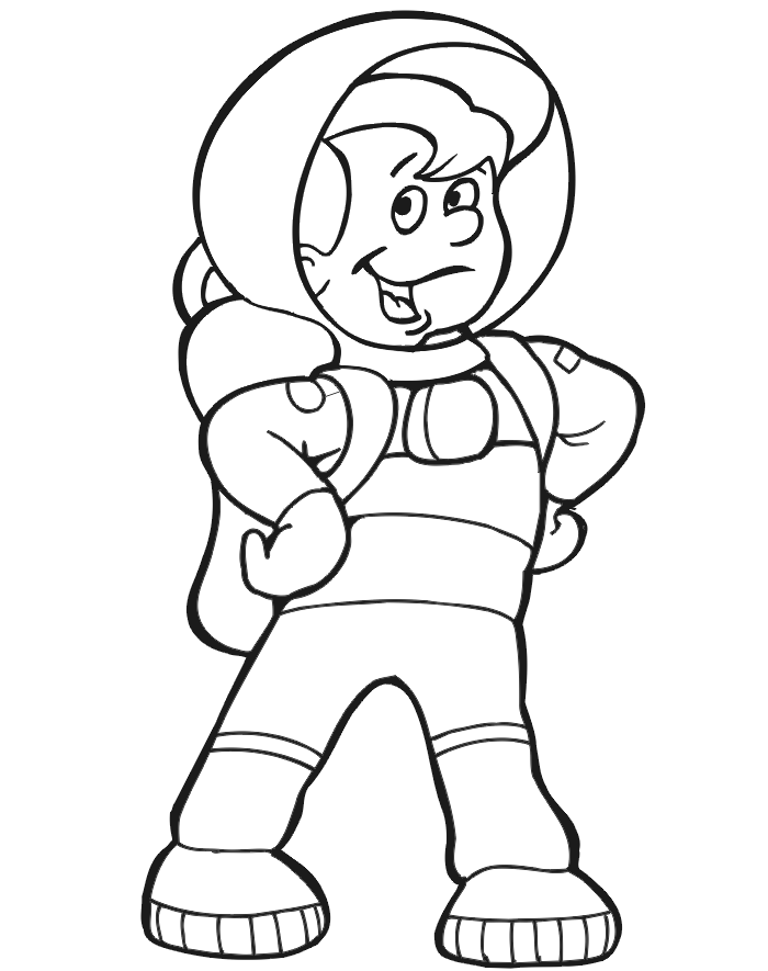 Space coloring page: A boy in an astronaut suit.