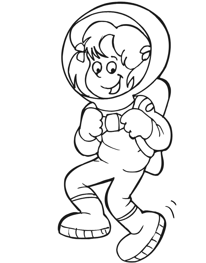 Space coloring page: A girl in an astronaut suit.