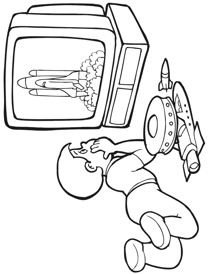Space coloring page: A boy watching the space shuttle launch.