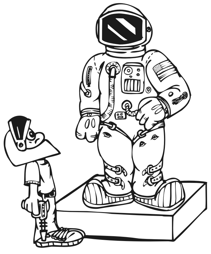 Space coloring page of a boy looking at an astronaut suit