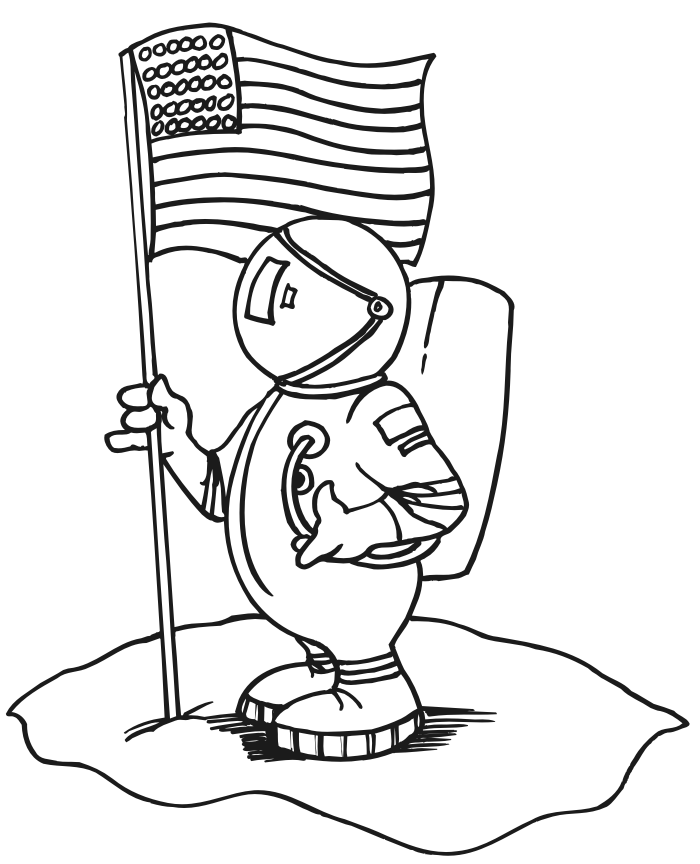 Space coloring page of an astronaut holding the american flag