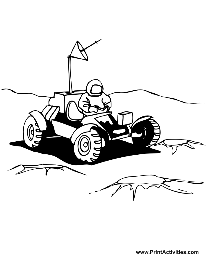 Space coloring page of an astronaut driving a moon buggy