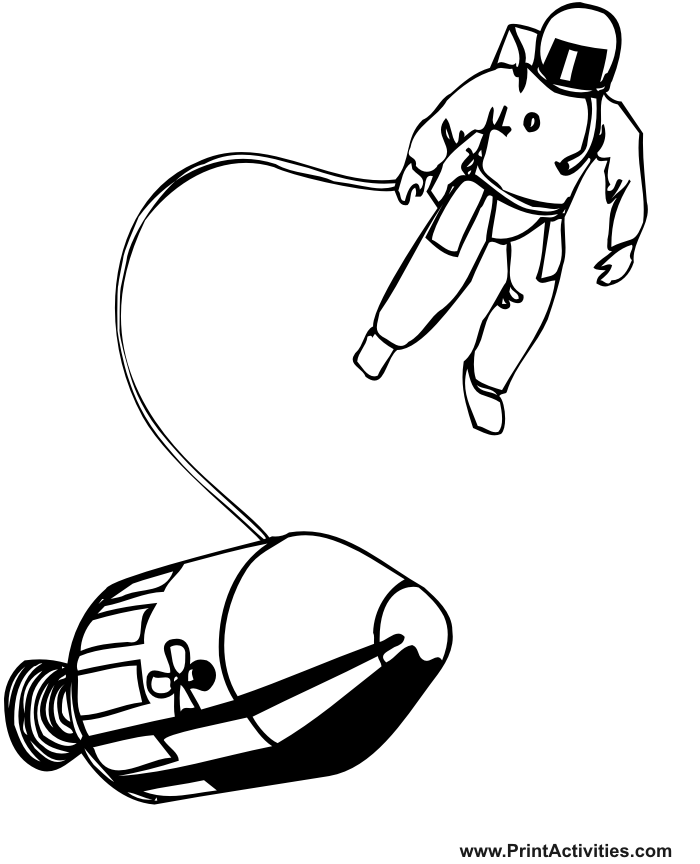 Space coloring page of a realistic looking astronaut on a space walk