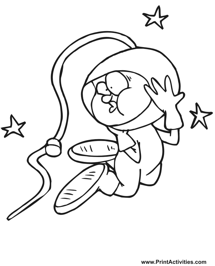 Space coloring page of a cartoonish astronaut on a space walk
