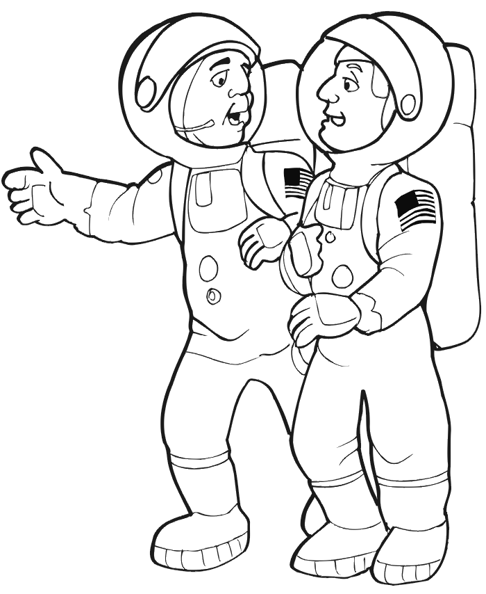 Space coloring page: two American astronauts.