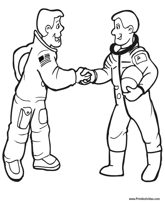 Space coloring page: two astronauts.