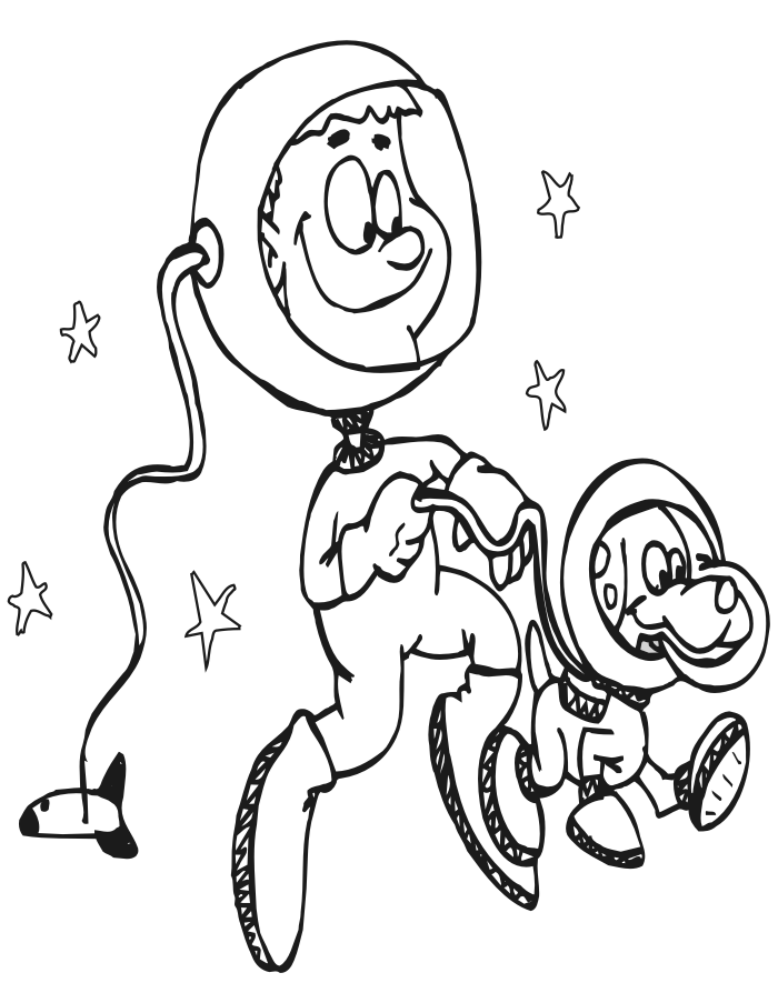 Space coloring page of an astronaut walking his dog