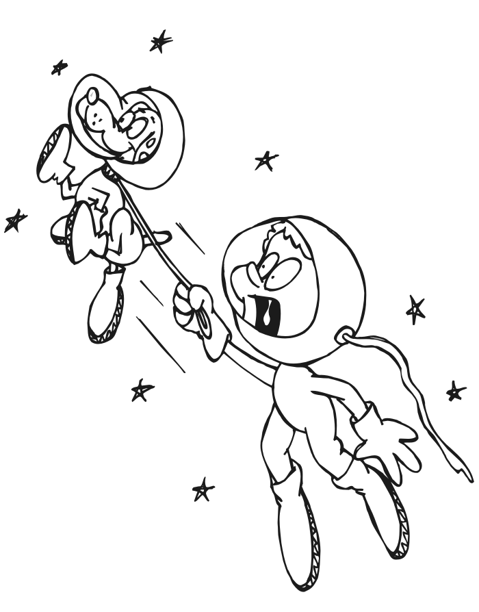 Space coloring page of an astronaut walking his dog