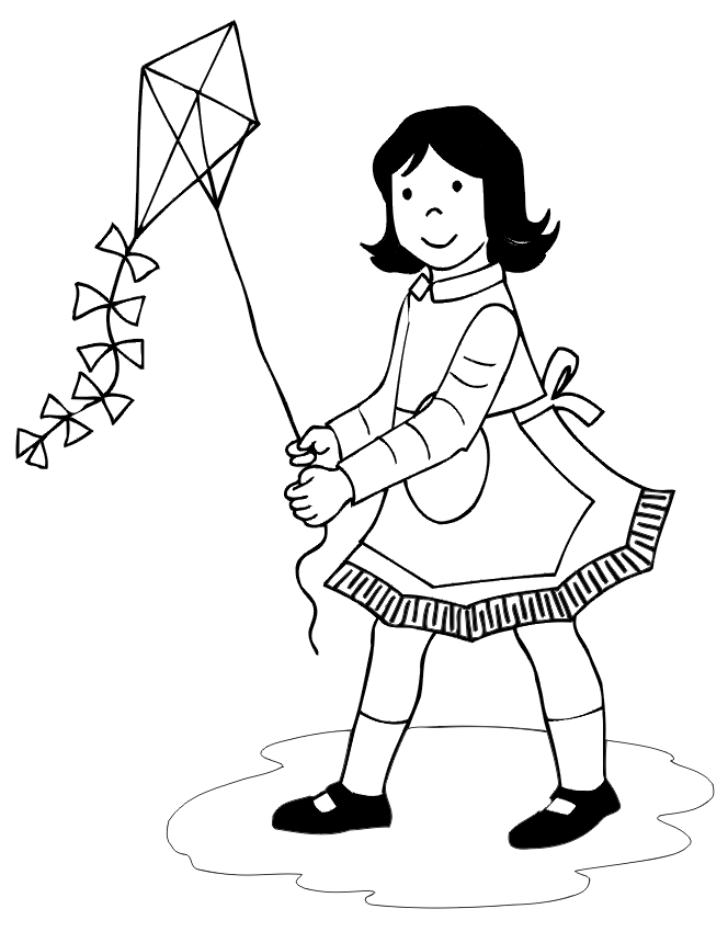 Flying a kite - a spring coloring sheet