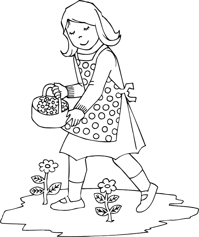 Picking flowers - a free spring coloring sheet
