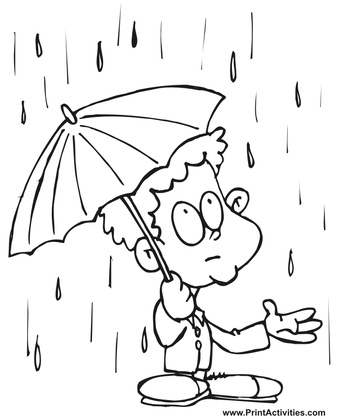 Spring coloring page of a boy with an umbrella in the rain