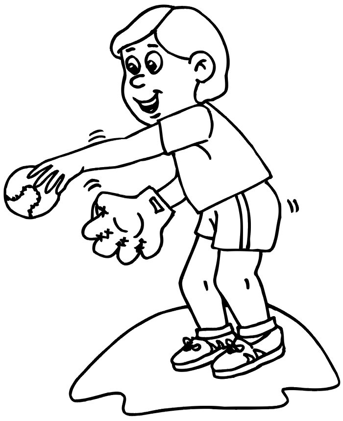 Baseball coloring page of a boy pitching a baseball