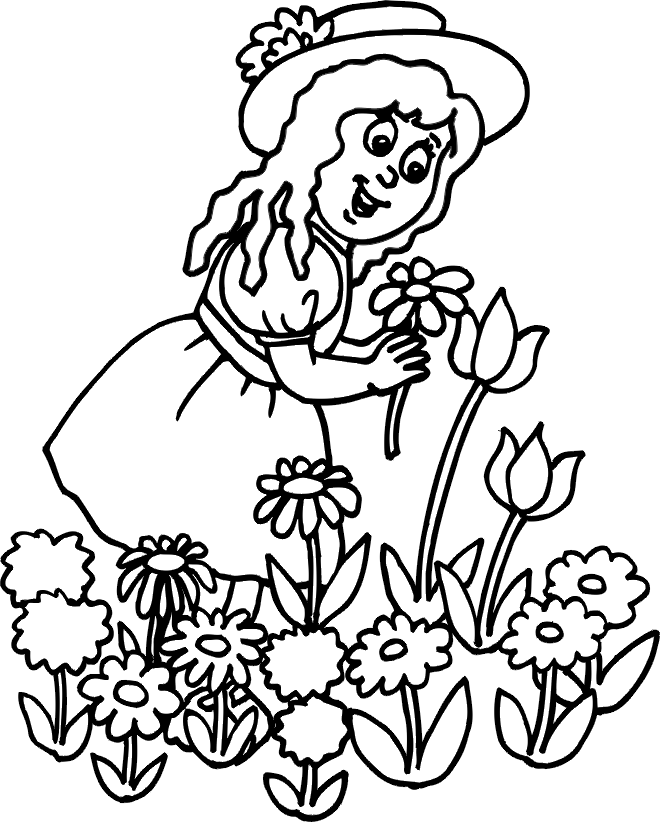 Picking flowers coloring sheet - free coloring page with flowers