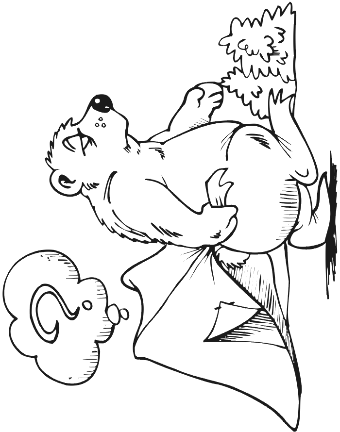 Summer camping coloring page of a bear taking a tent