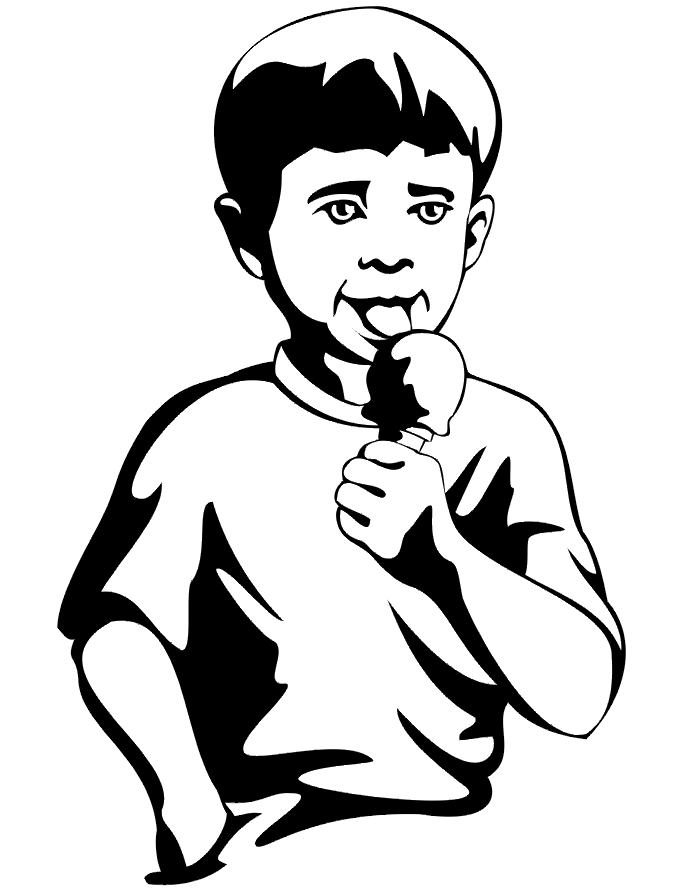 Summer coloring page of a boy licking an ice cream cone