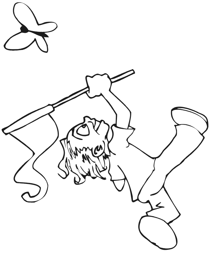 Summer coloring page of a boy chasing a butterfly
