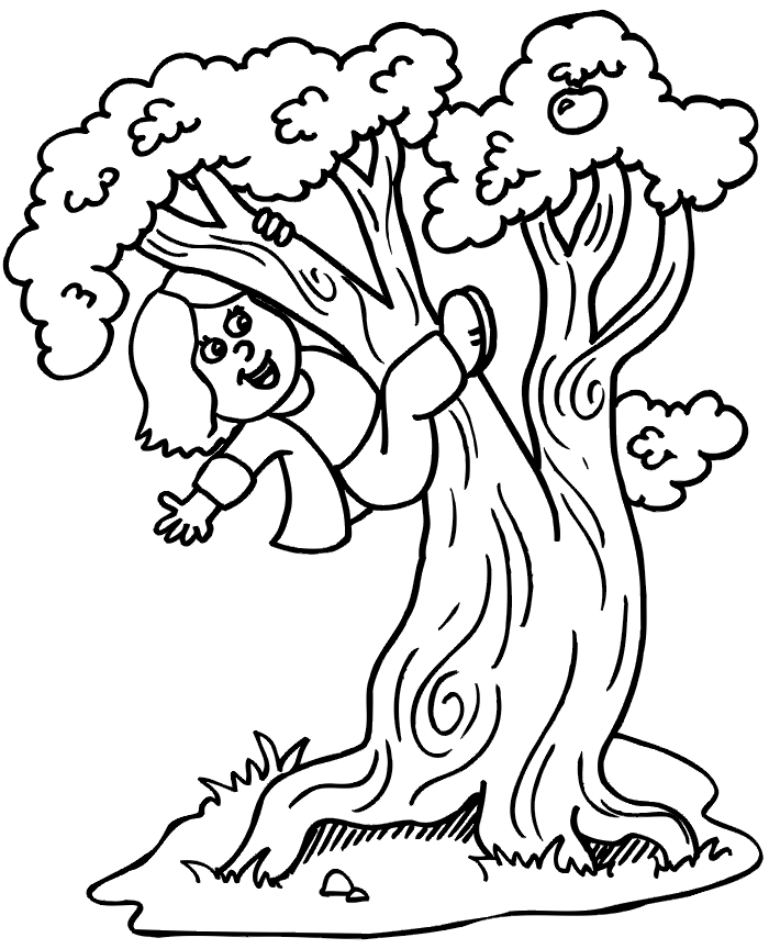 Summer coloring page of a girl climbing a tree