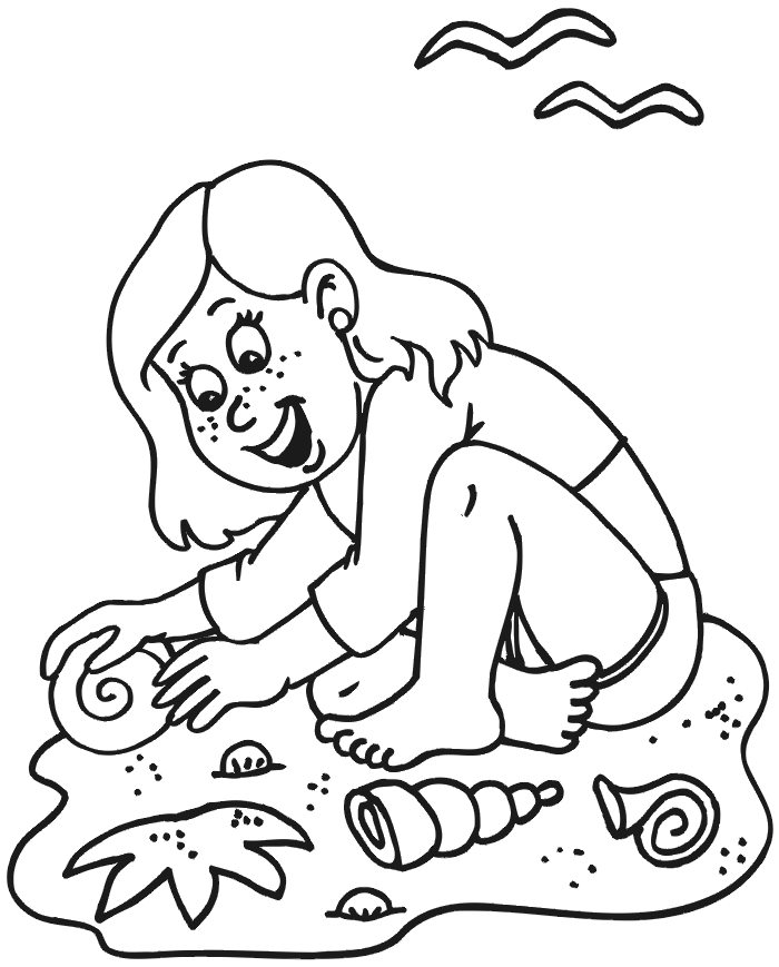 Beach coloring page of a girl collecting shells.