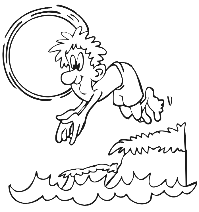 Summer coloring page of a guy diving into a lake.