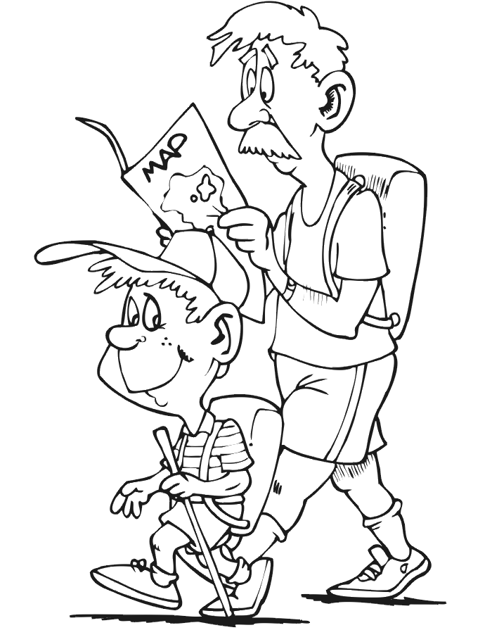 Hiking coloring page of a father and son hiking together.