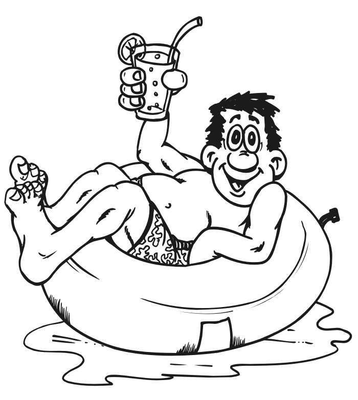 Summer coloring page of a gut floating on an innertube