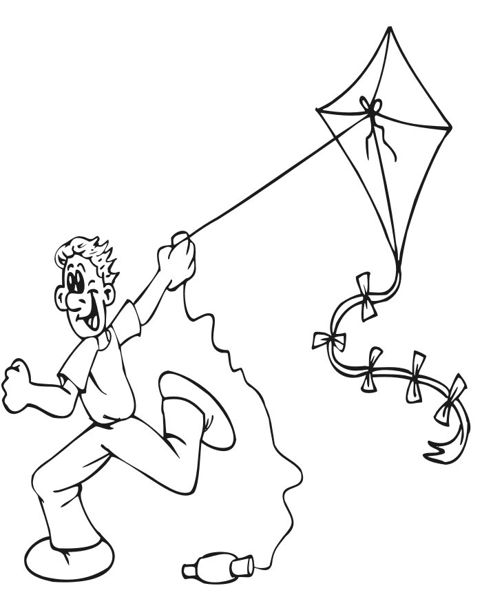 Summer coloring page of a boy flying a kite