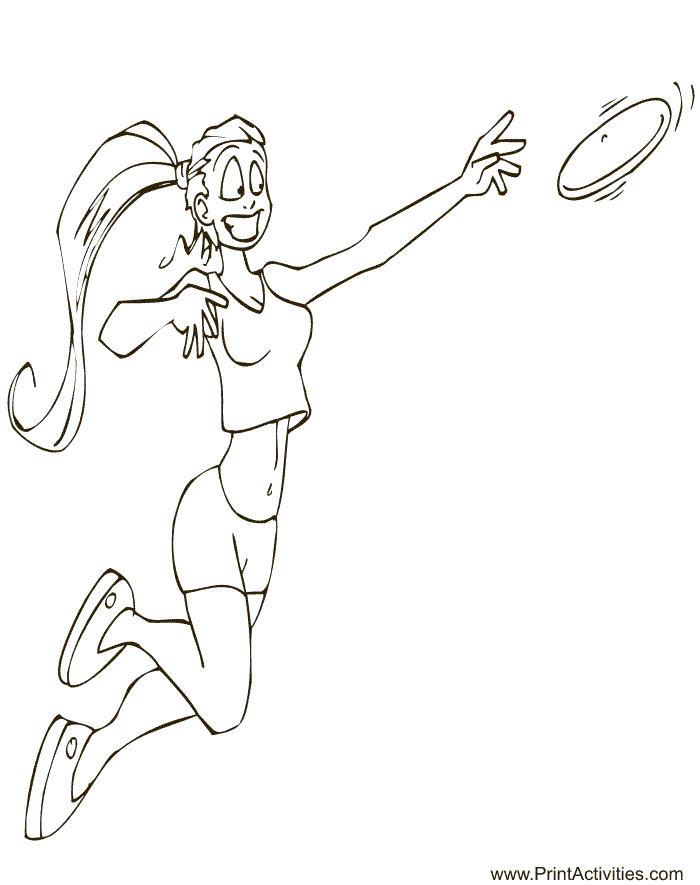Summer coloring page of a girl playing frisbee.