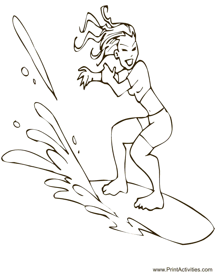 Summer coloring page of a girl surfing.