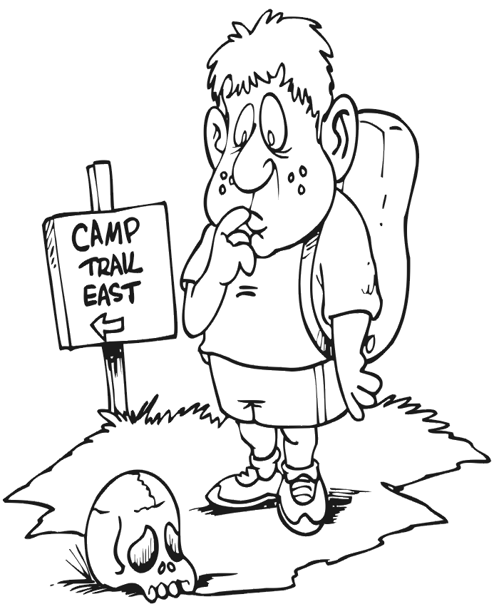 Hiking coloring page of a hiker off the trail.