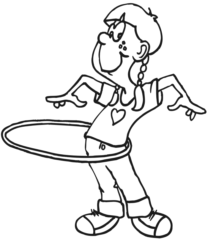 Summer coloring page of a girl spinning a hoola-hoop.