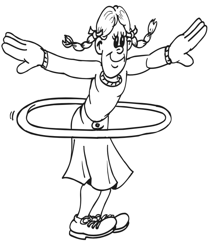 Summer coloring page of a girl spinning a hula-hoop.
