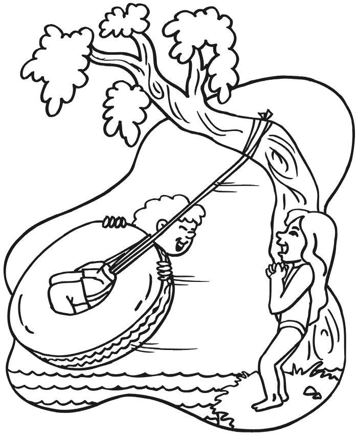 Summer coloring page of kids playing on a tire swing.