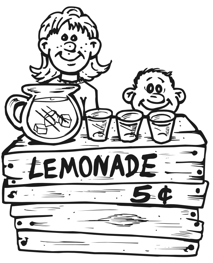 Summer coloring page of kids at a lemonade stand.