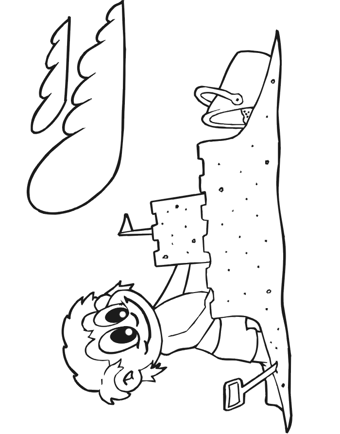 Beach coloring page of a kid building a sand castle.