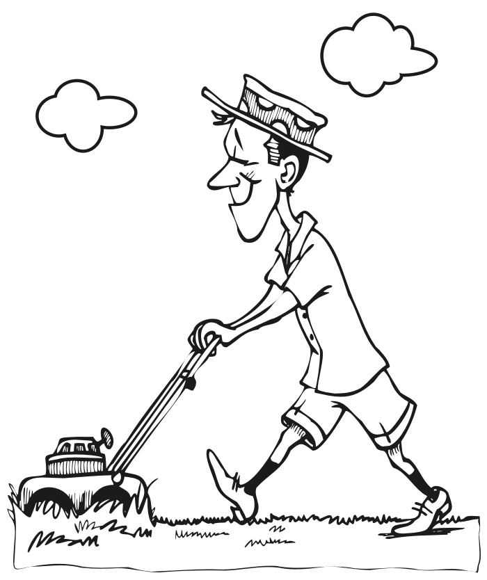 Summer coloring page of a man mowing his lawn.