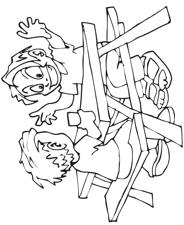 Picnic coloring page of 2 kids at a picnic table.