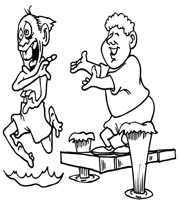 Camp coloring page of a camp counselor being pushed off the dock.