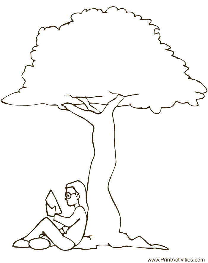 Summer coloring page of a girl reading under a tree.
