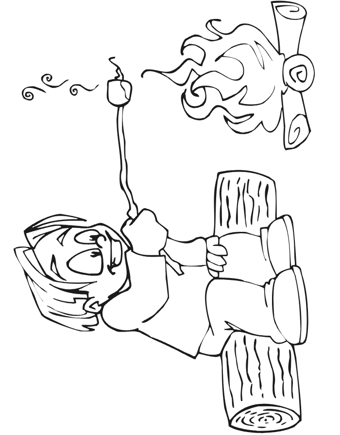 Camping coloring page of a camper roasting marshmallows.