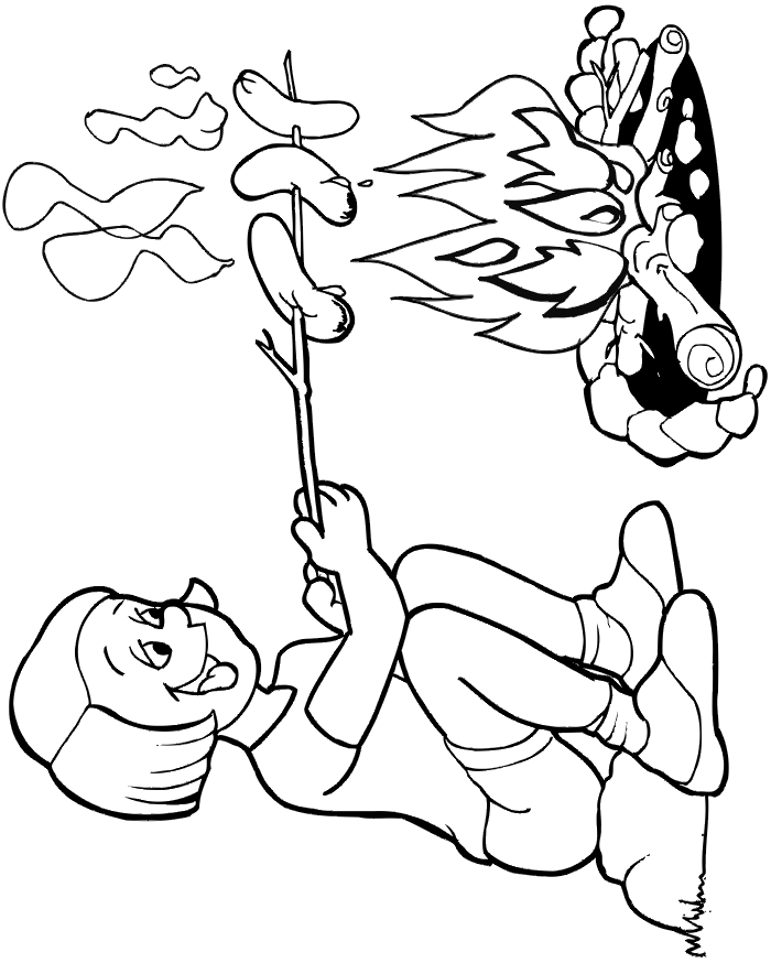 Camping coloring page of a camper roasting wieners.