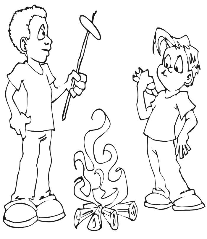 Camping coloring page of 2 campers roasting wieners.