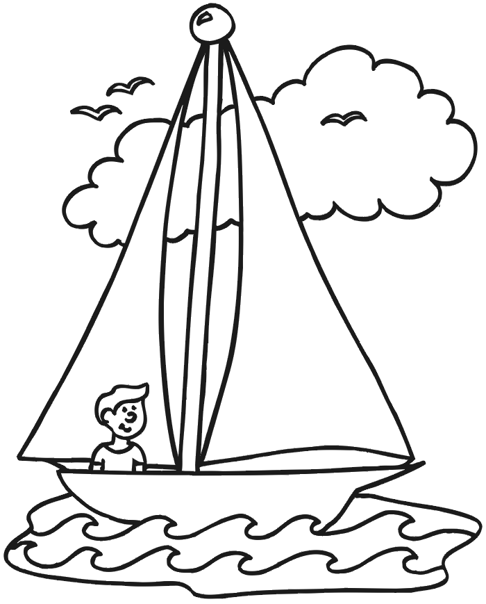 Sailing coloring page of a boy in a sailboat.