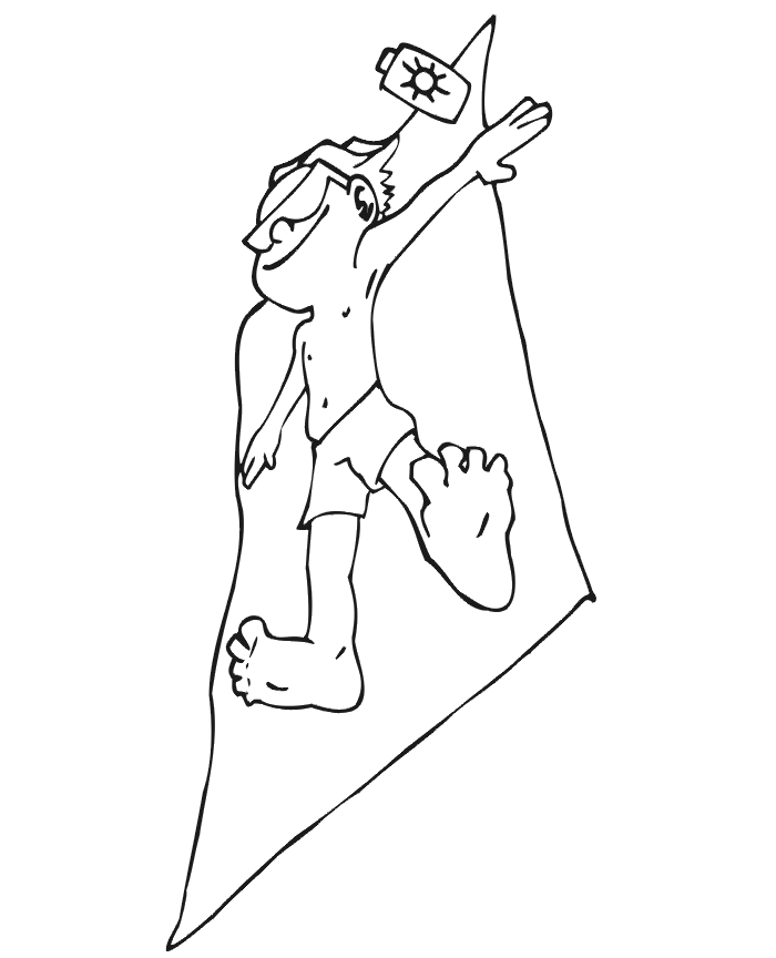 Beach coloring page of a suntanning boy.