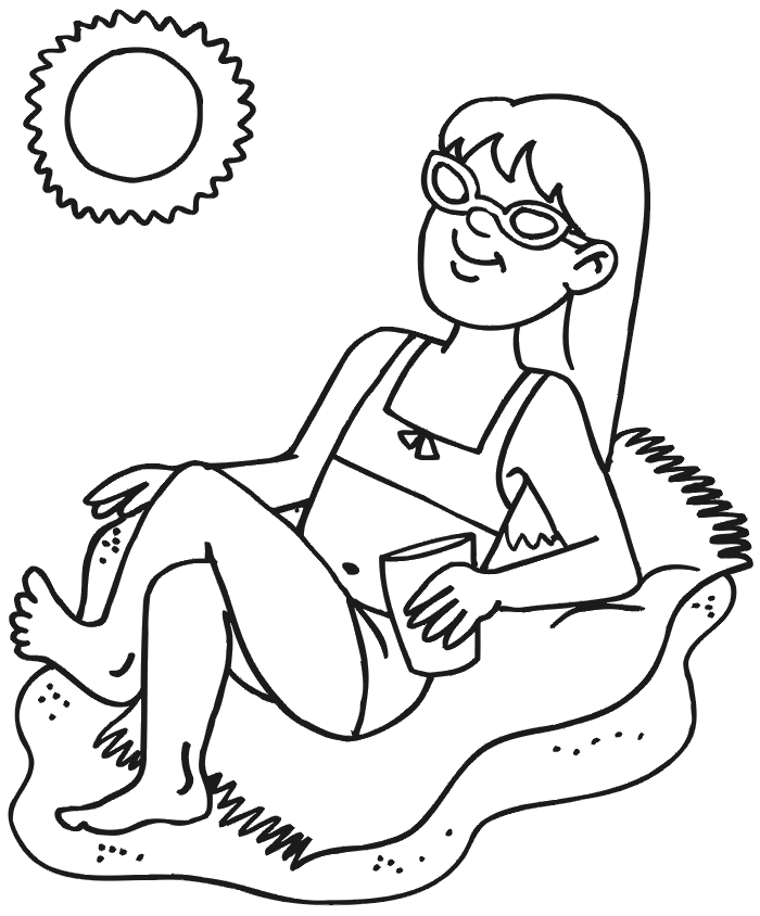 Summer coloring page of a suntanning girl.