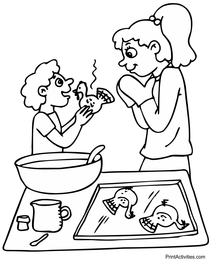 Coloring page of a boy and mom baking turkey shaped cookies