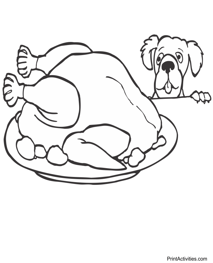 Coloring page of a dog staring at the cooked turkey