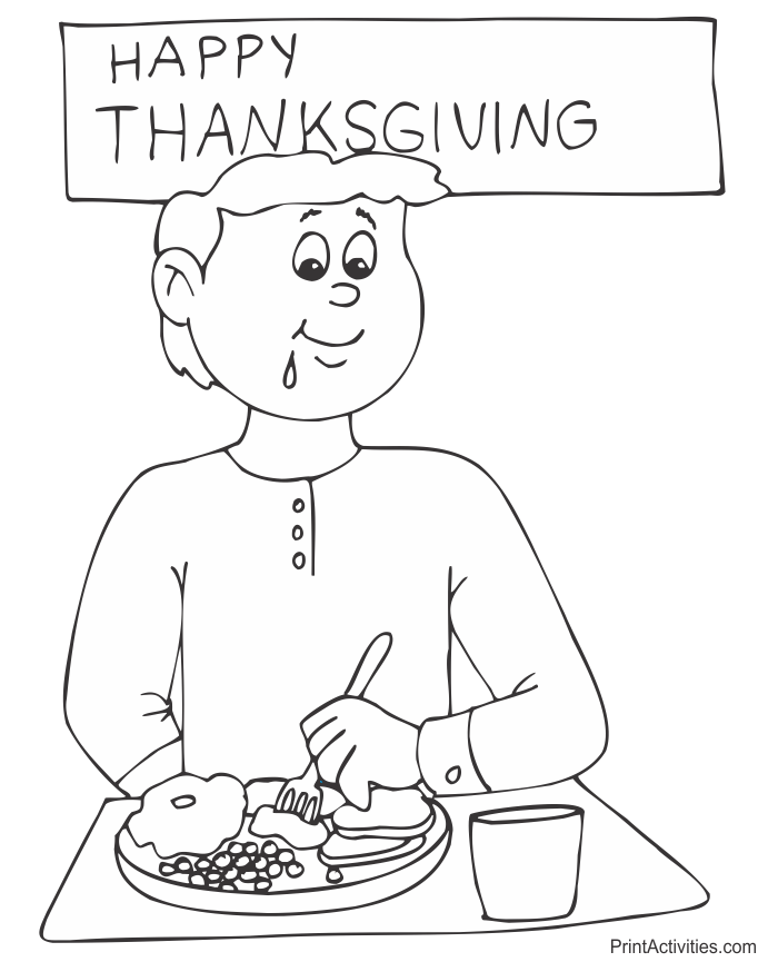 Boy eating Thanksgiving dinner coloring page